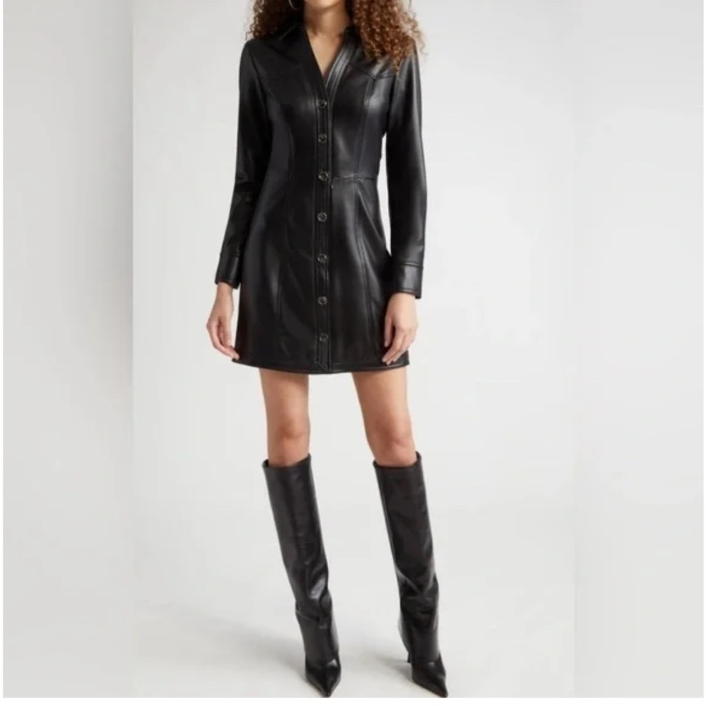 Veronica Beard Garret Long Sleeve Faux Leather Coat Dress in Black size 12